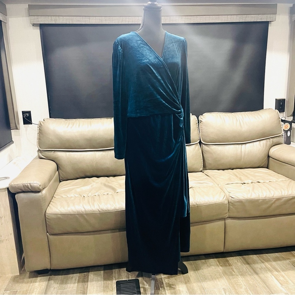 Obeeii Stretch Velvet Long Sleeve Teal Blue Maxi Dress Size XL - Picture 3 of 6